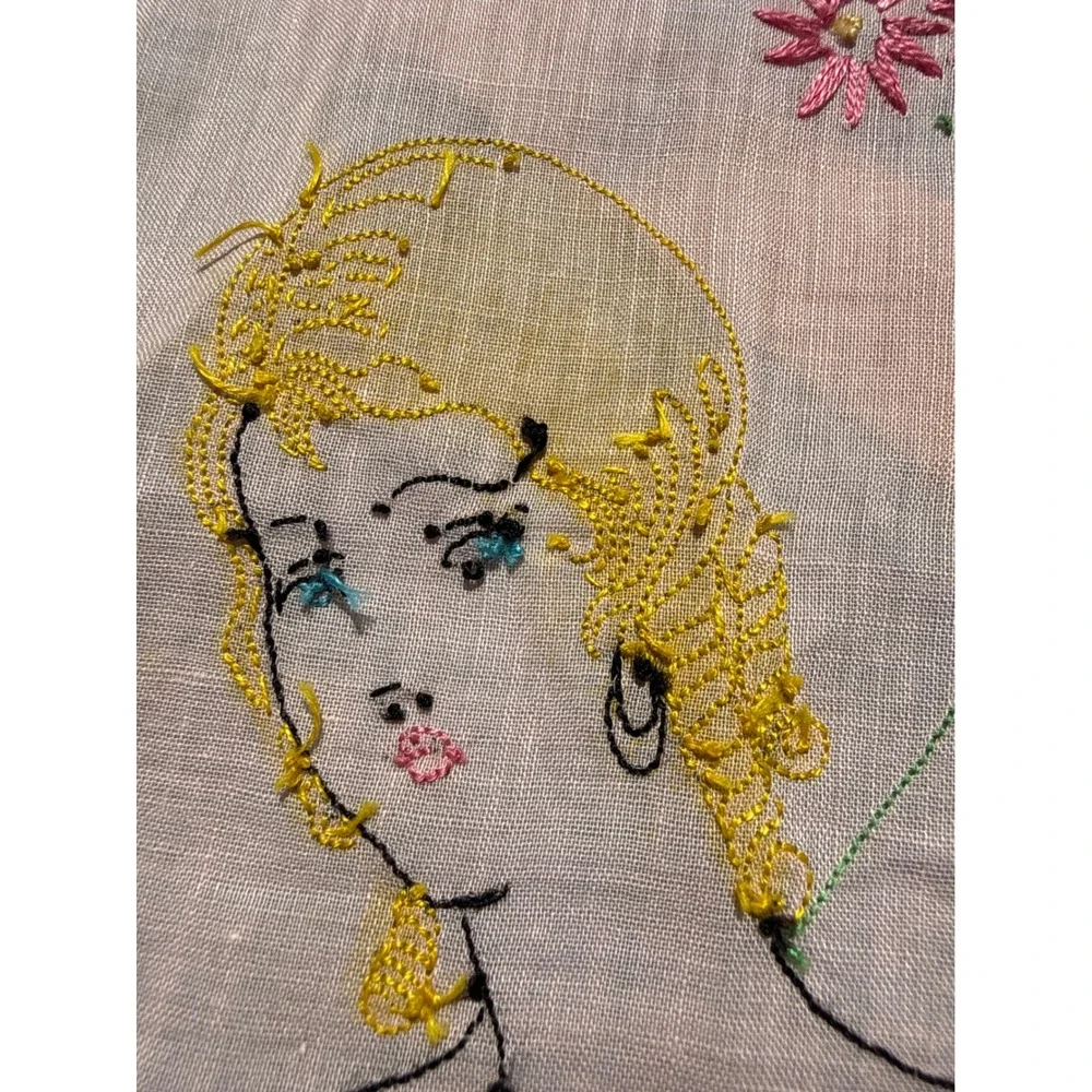 Vintage 1920s Art Deco Tea Apron Hand Painted Flapper Girl Chinoiserie Pink Blue
